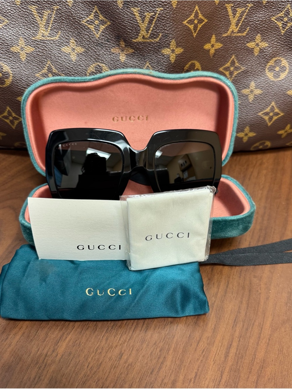 Gucci Black Oversized Square Sunglasses with Teal Case
